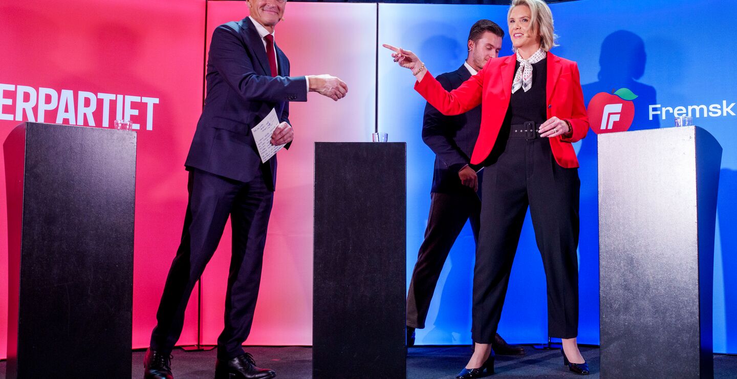 Jonas Gahr Støre og Sylvi Listhaug under valgkampen i 2025