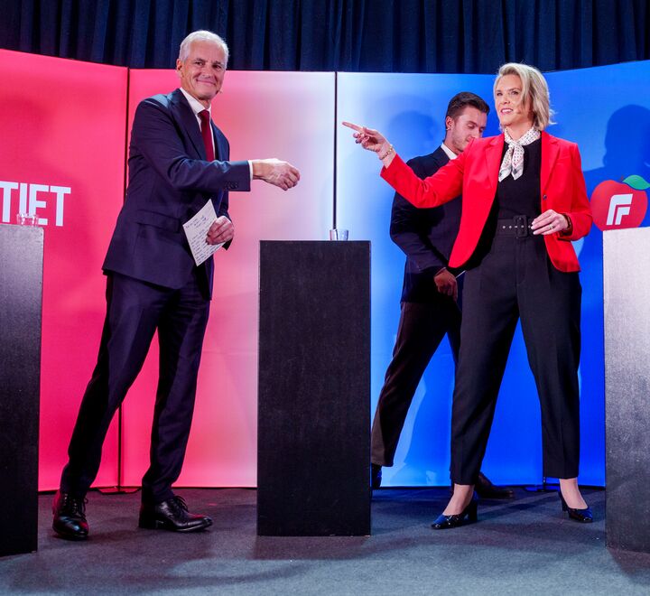 Jonas Gahr Støre og Sylvi Listhaug under valgkampen i 2025