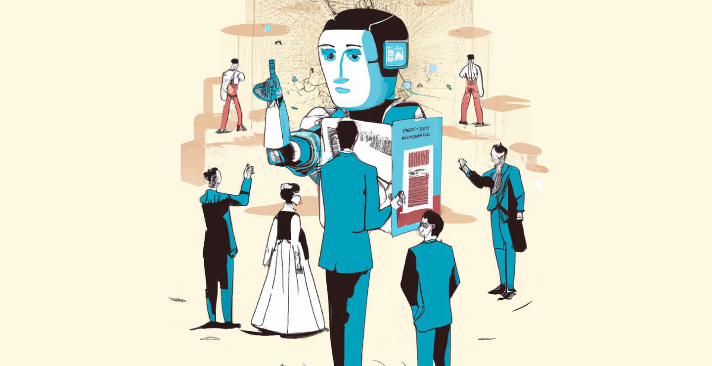 Illustrasjon av personer som står rundt en AI-robot.