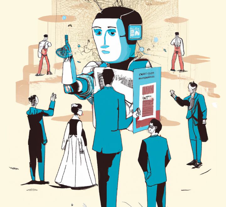 Illustrasjon av personer som står rundt en AI-robot.