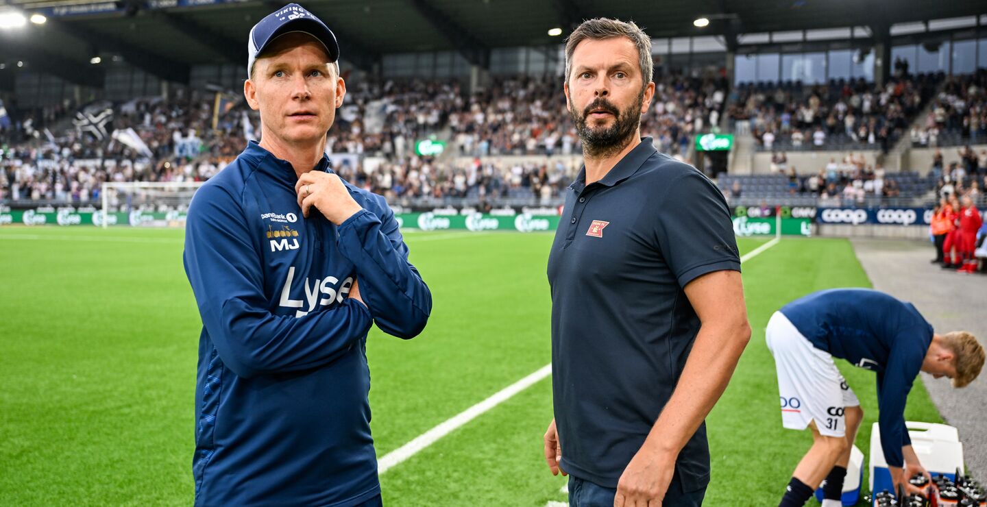 Vikings trenere Bjarte Lunde Aarsheim og Morten Jensen før kvalifiseringskampen i Conferenceligaen mellom Viking og Koper på Lyse arena. Foto: Carina Johansen / NTB