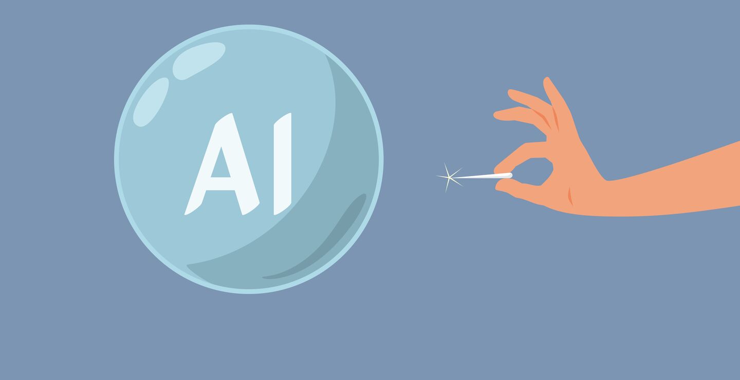 Illustration of a hand piercing the AI bubble