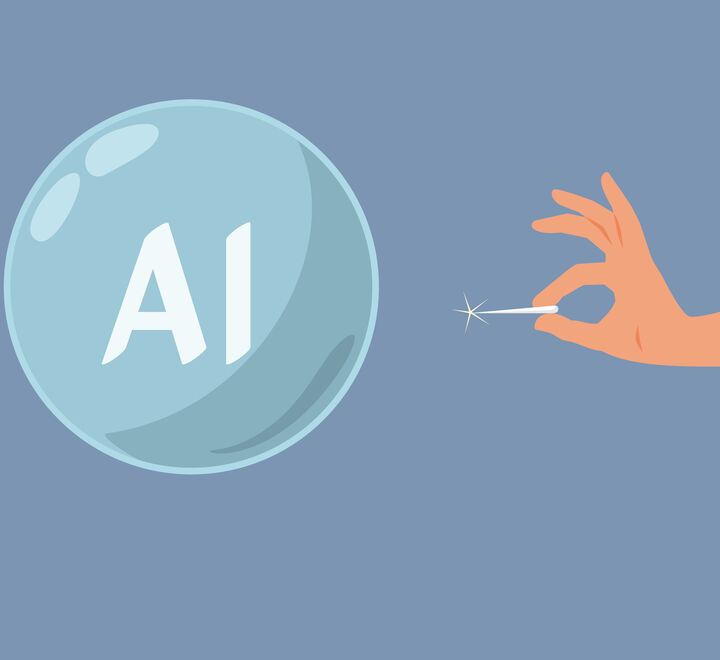 Illustration of a hand piercing the AI bubble