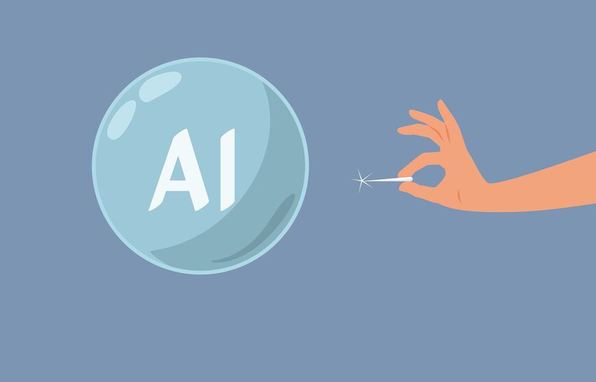 Illustration of a hand piercing the AI bubble