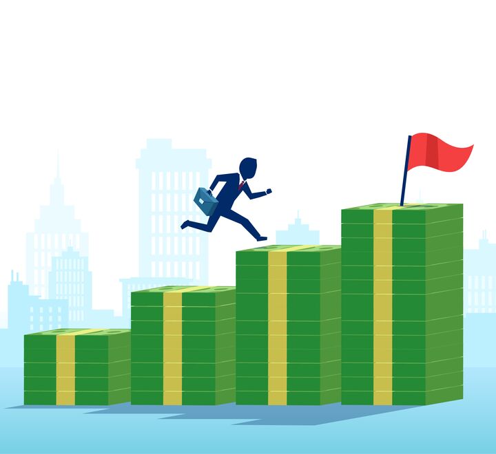 Illustration of business man running up increasing piles of money