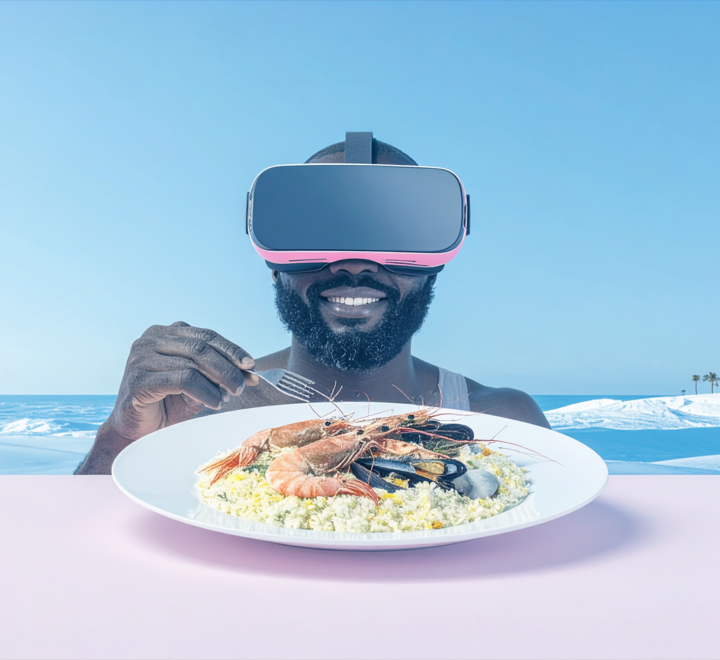 An AI generated image of a man holding a fork above a plate of seafood, set against a seaside vista