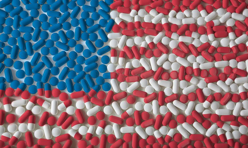 Illustrasjon av piller og tabletter formet som det amerikanske flagget