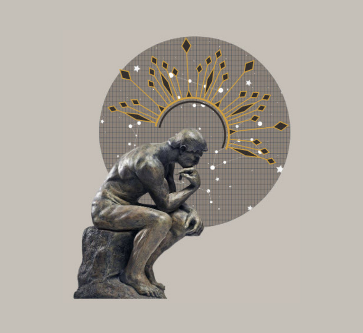 Illustrasjon av en statue som sitter betenkt.