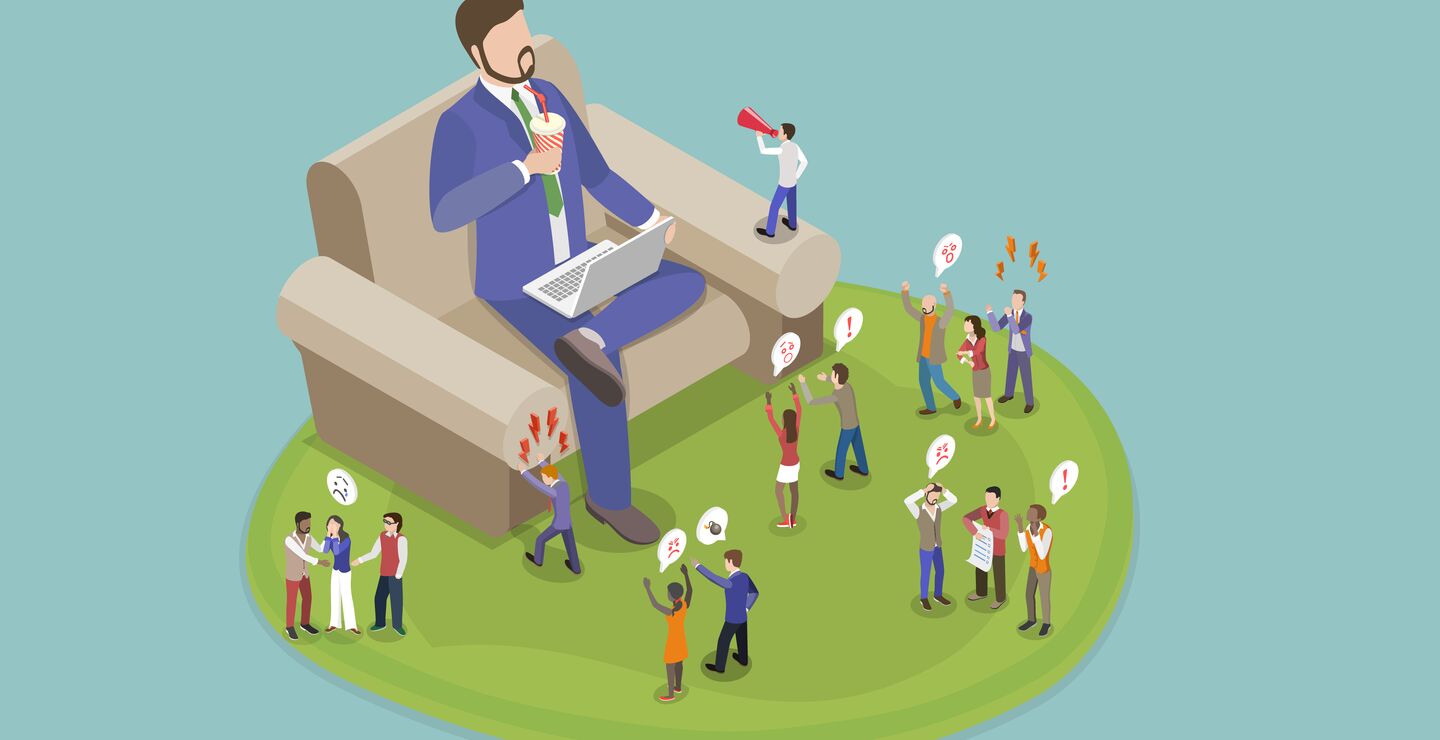 Illustration of giant businessman in a chair surrounded by small employees