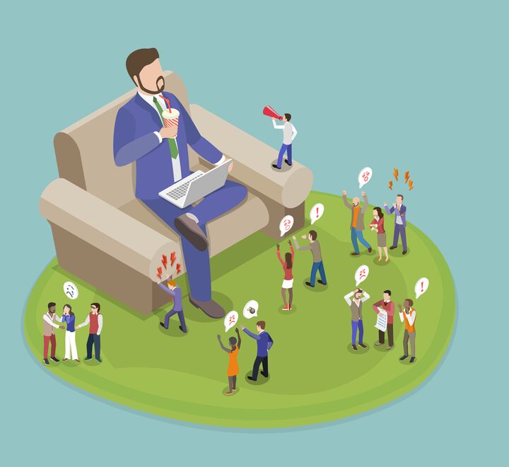 Illustration of giant businessman in a chair surrounded by small employees