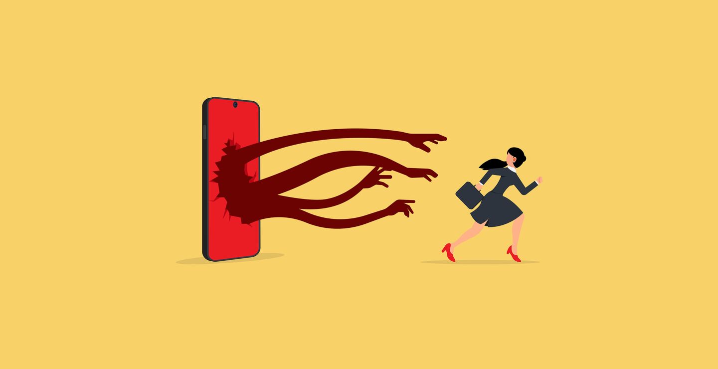 Illustration of online incivility: a person runs from a large smartphone with dark arms reaching out