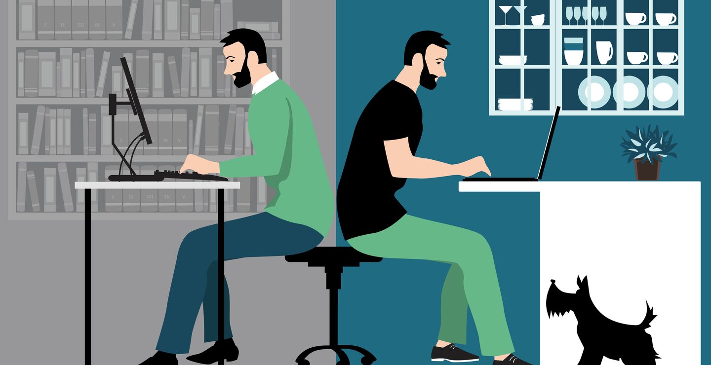 Man in hybrid work place sharing his time between an office and working from home remotely.
