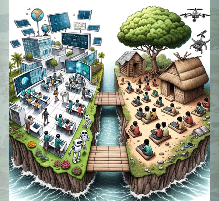 AI-generated image showing two islands with people living in contrasting educational systems.