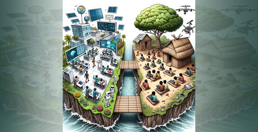 AI-generated image showing two islands with people living in contrasting educational systems.