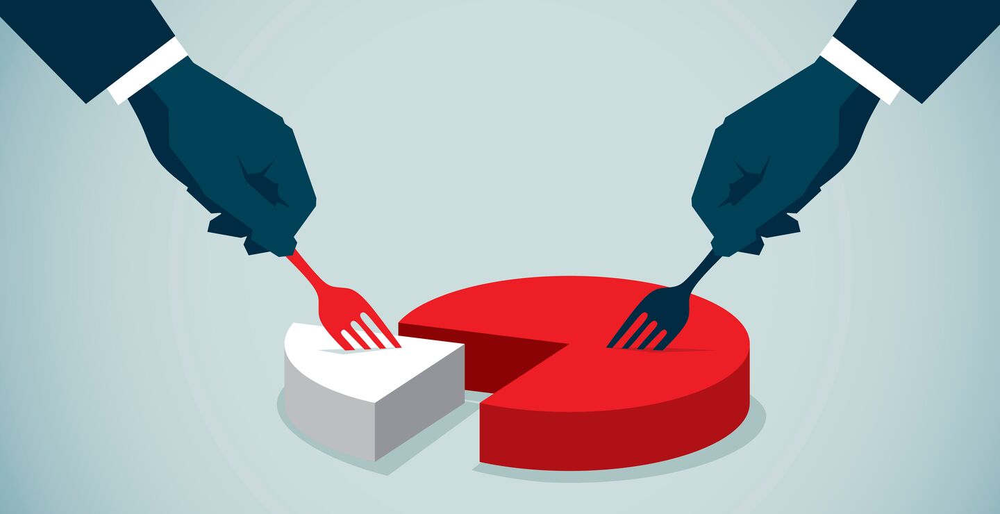 Illustration of two business people taking pie slices of different sizes