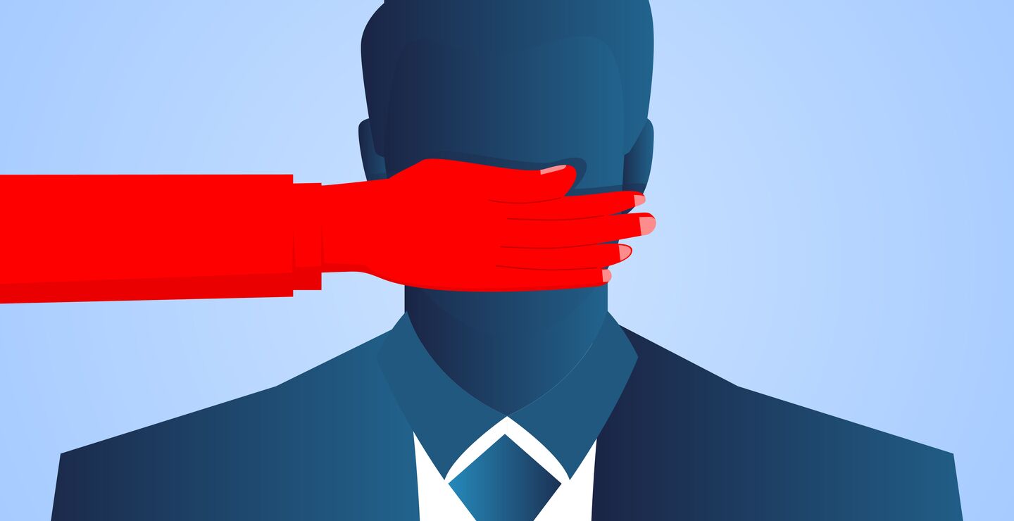 Stylized image of red hand covering the mouth of man in suit