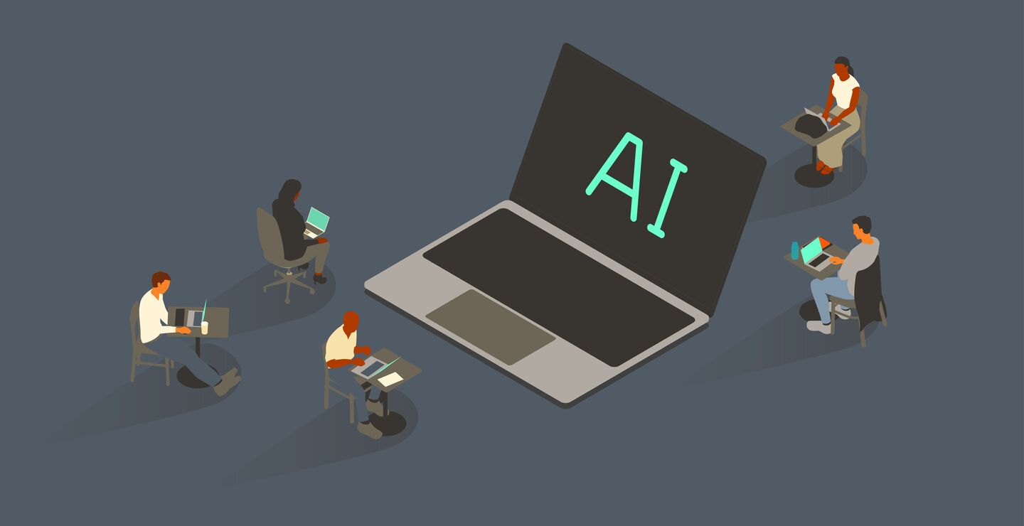 Fem personer sittende rundt en overdimensjonert laptop med bokstavene AI på skjermen. Foto: Getty Images
