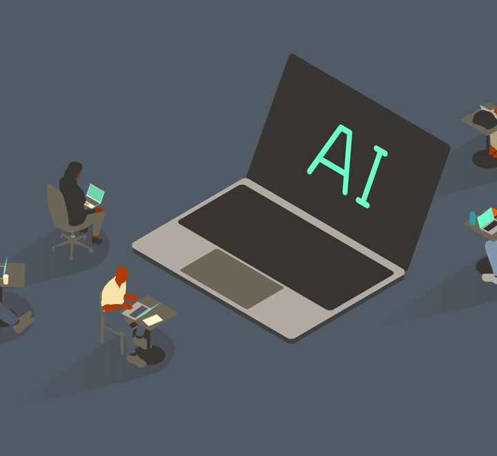 Fem personer sittende rundt en overdimensjonert laptop med bokstavene AI på skjermen. Foto: Getty Images