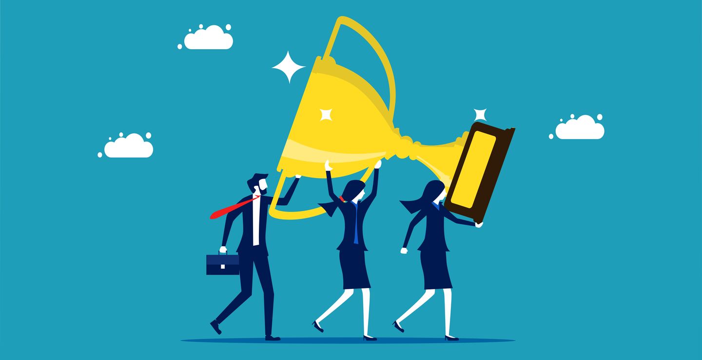Illustration of three employees carrying a trophy cup