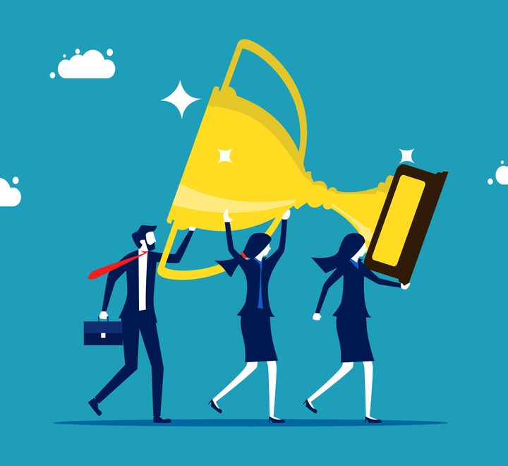 Illustration of three employees carrying a trophy cup