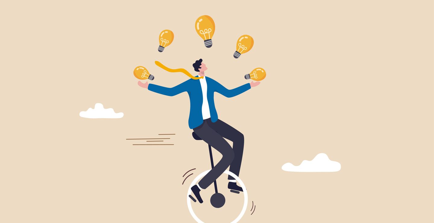 Businessman riding unicycle juggling lightbulbs.