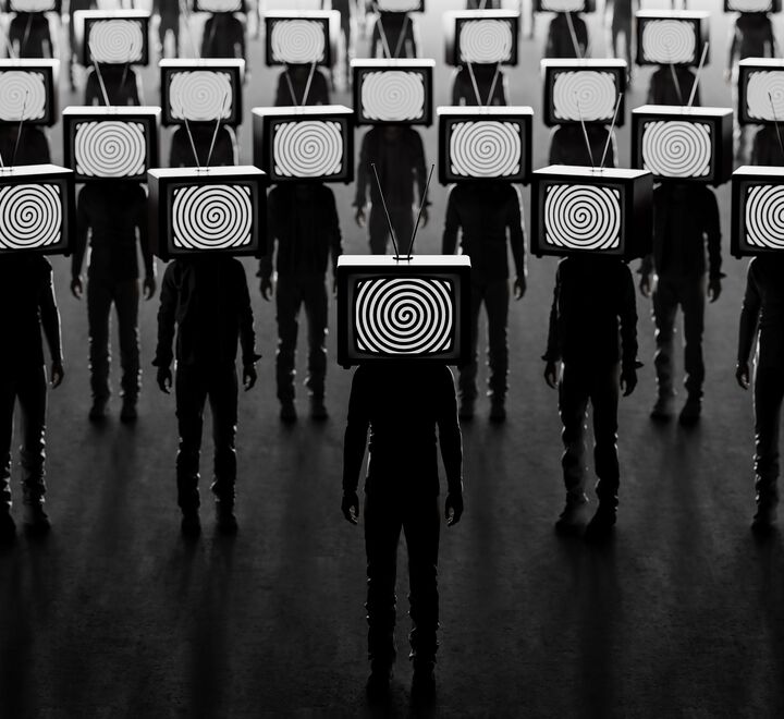 Illustration: People with an old tv instead of head.