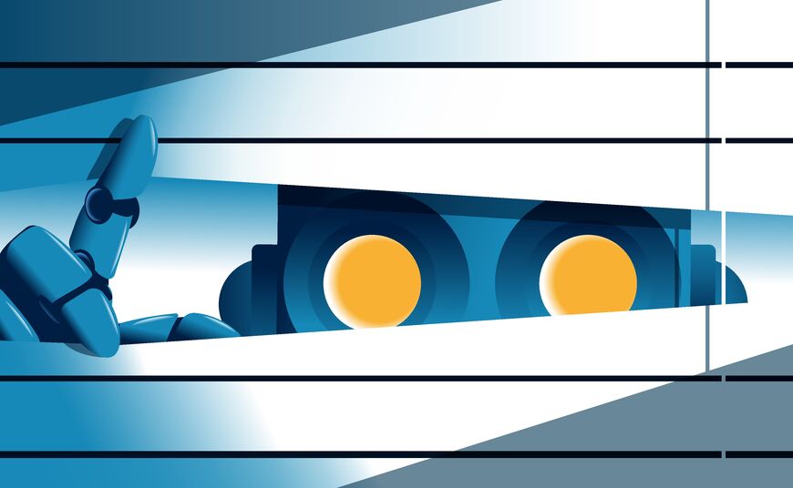 Robot som gjemmer seg bak gardiner