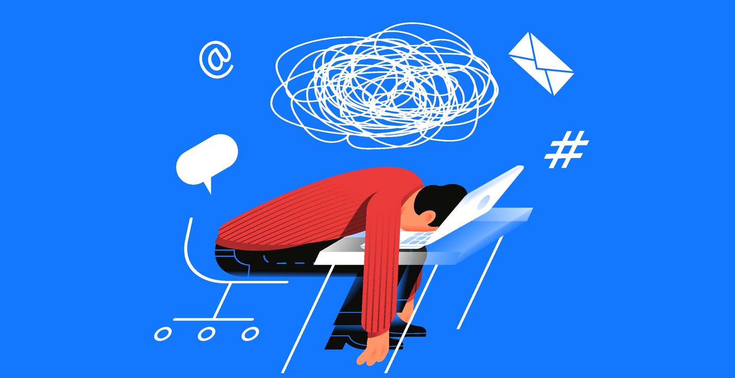 Illustrasjon av medarbeider som er utslitt av teknologi