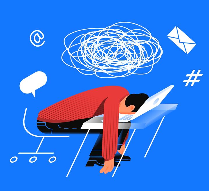 Illustrasjon av medarbeider som er utslitt av teknologi