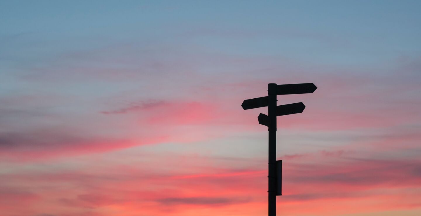 Bilde av et skilt i siluett som viser ulike retninger. (Foto:  Javier Allegue Barros on Unsplash).