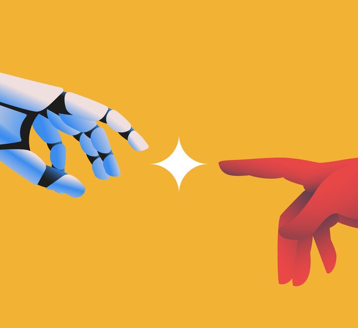 Illustrasjon av en robothånd og en menneskehånd som peker på hverandre.