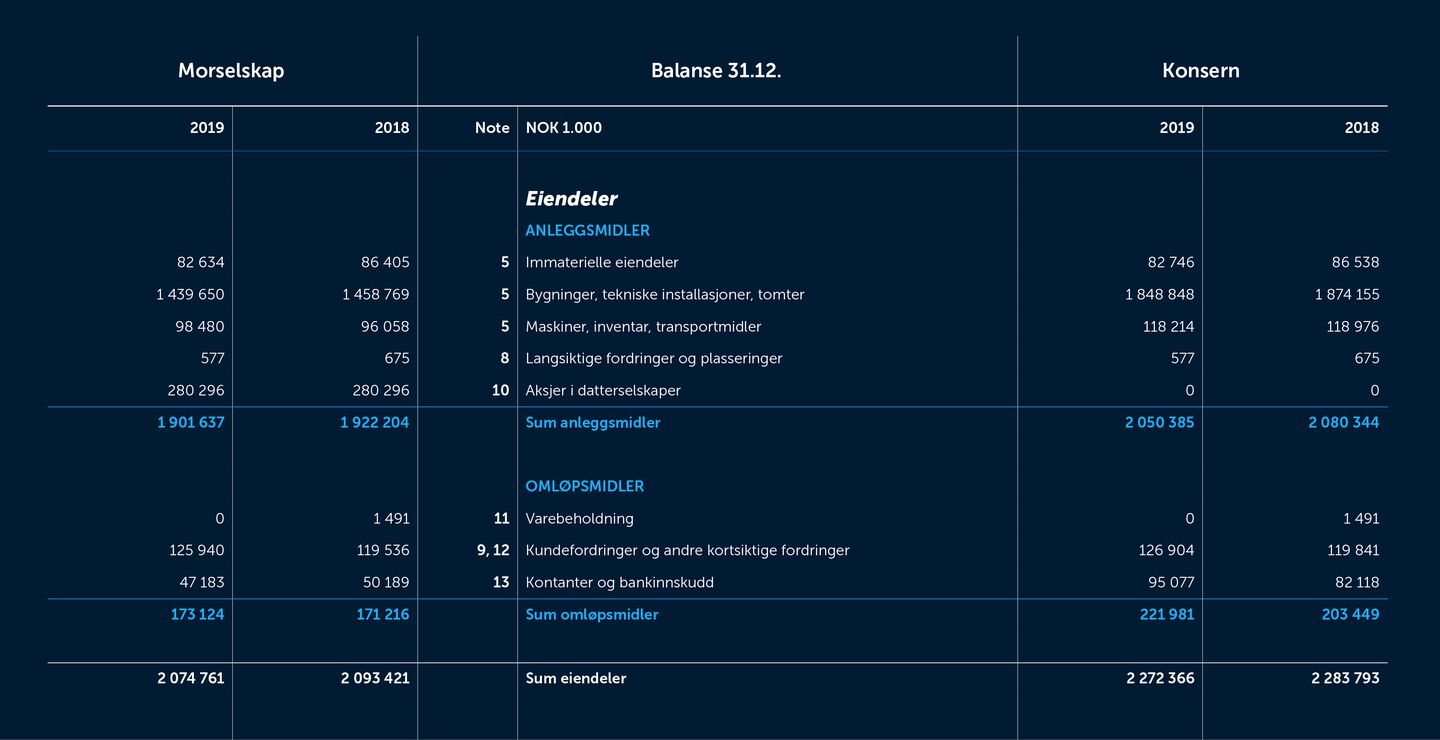 Skjermdump av balanseresultatet fra 2019