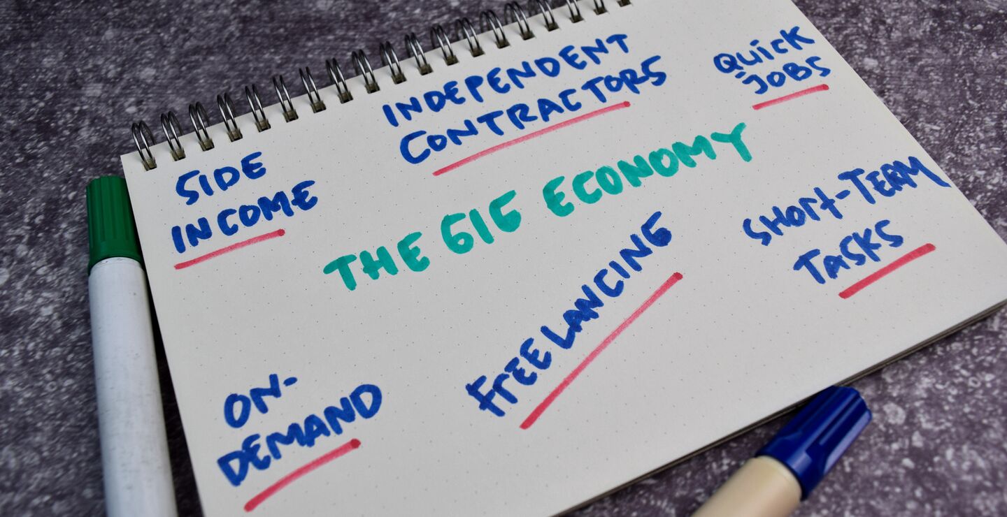 The Gig Economy text with keywords on a book.