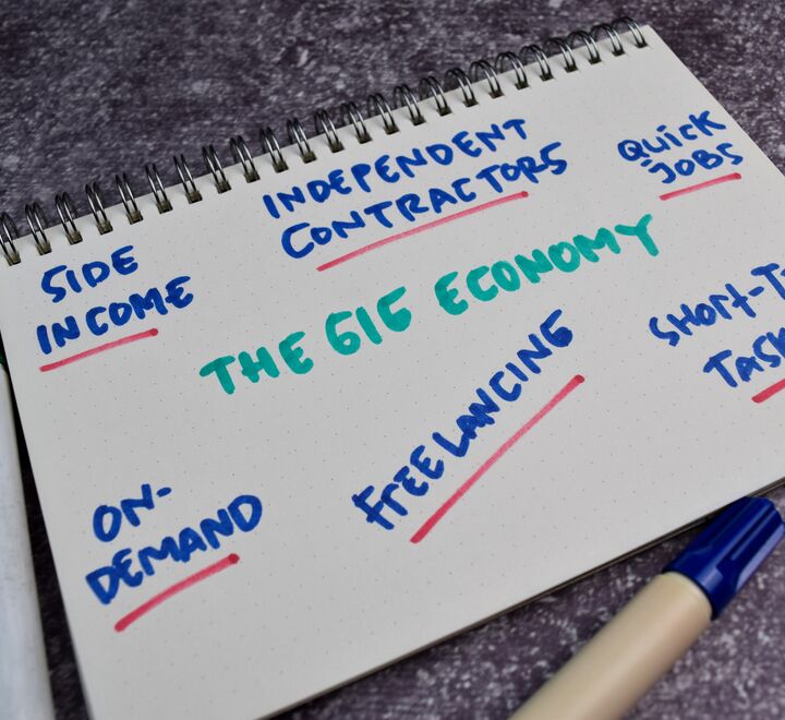 The Gig Economy text with keywords on a book.