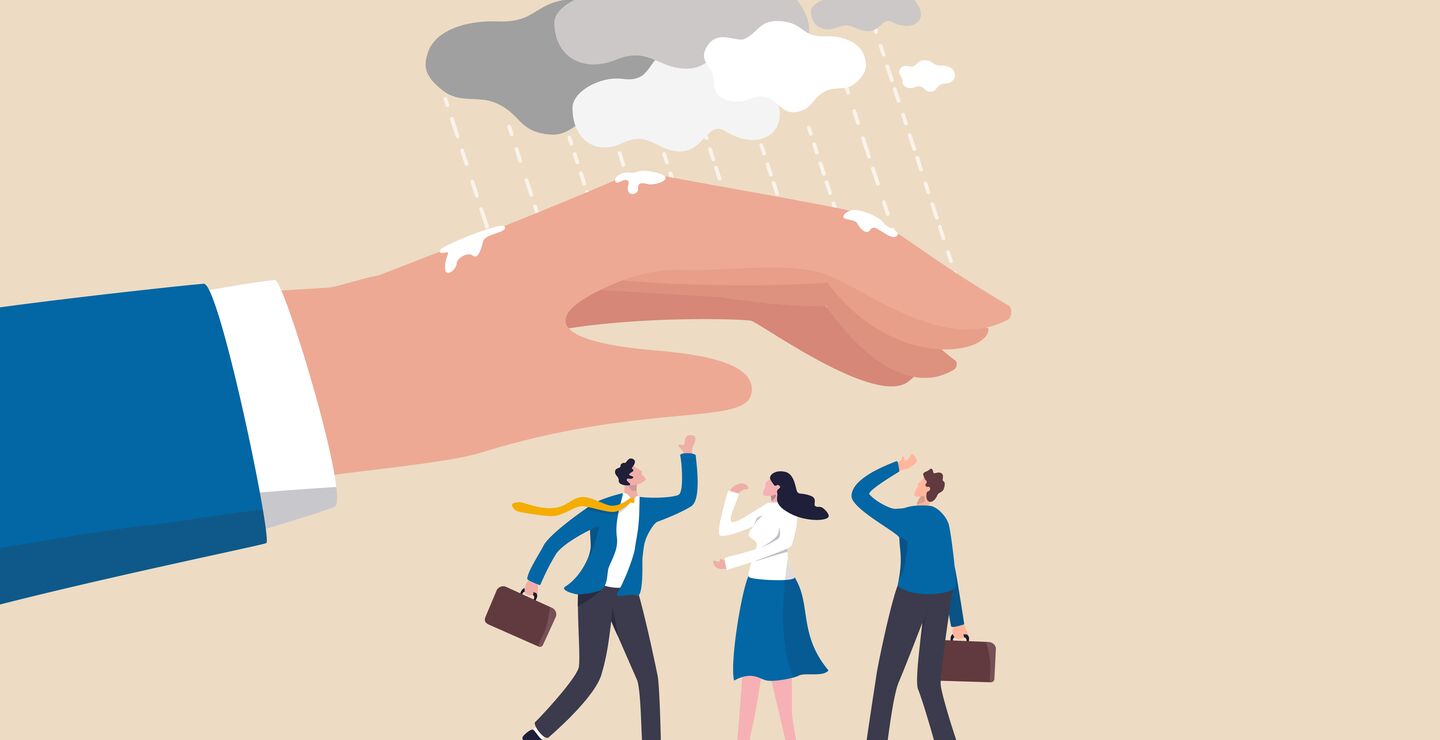 Graphic illustration of leader holding hand over employees to shelter them from rain