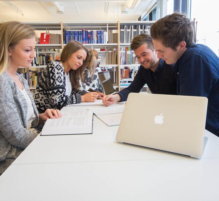 Studenter som sitter å jobber sammen på biblioteket