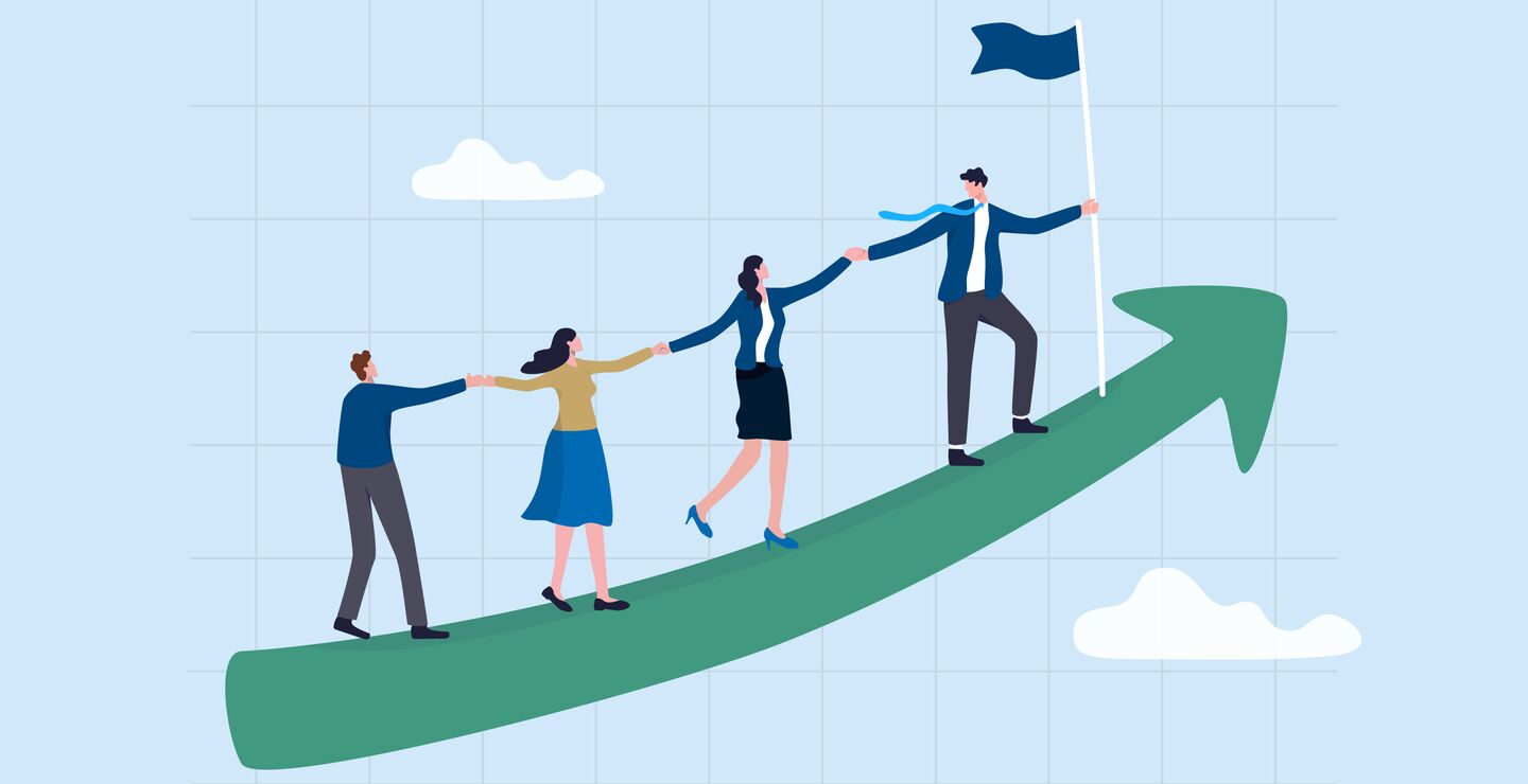 Tegning av en leder som viser fire mennesker vei oppover en pil