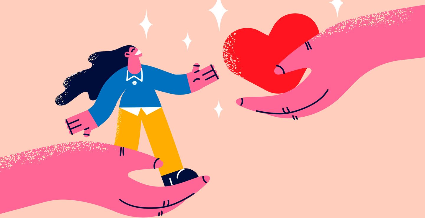 Illustration showing one hand holding a person, and one hand holding a heart.