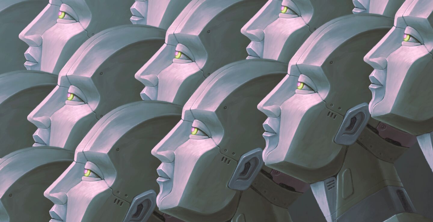 Surreal futuristic art showing a group of robots.