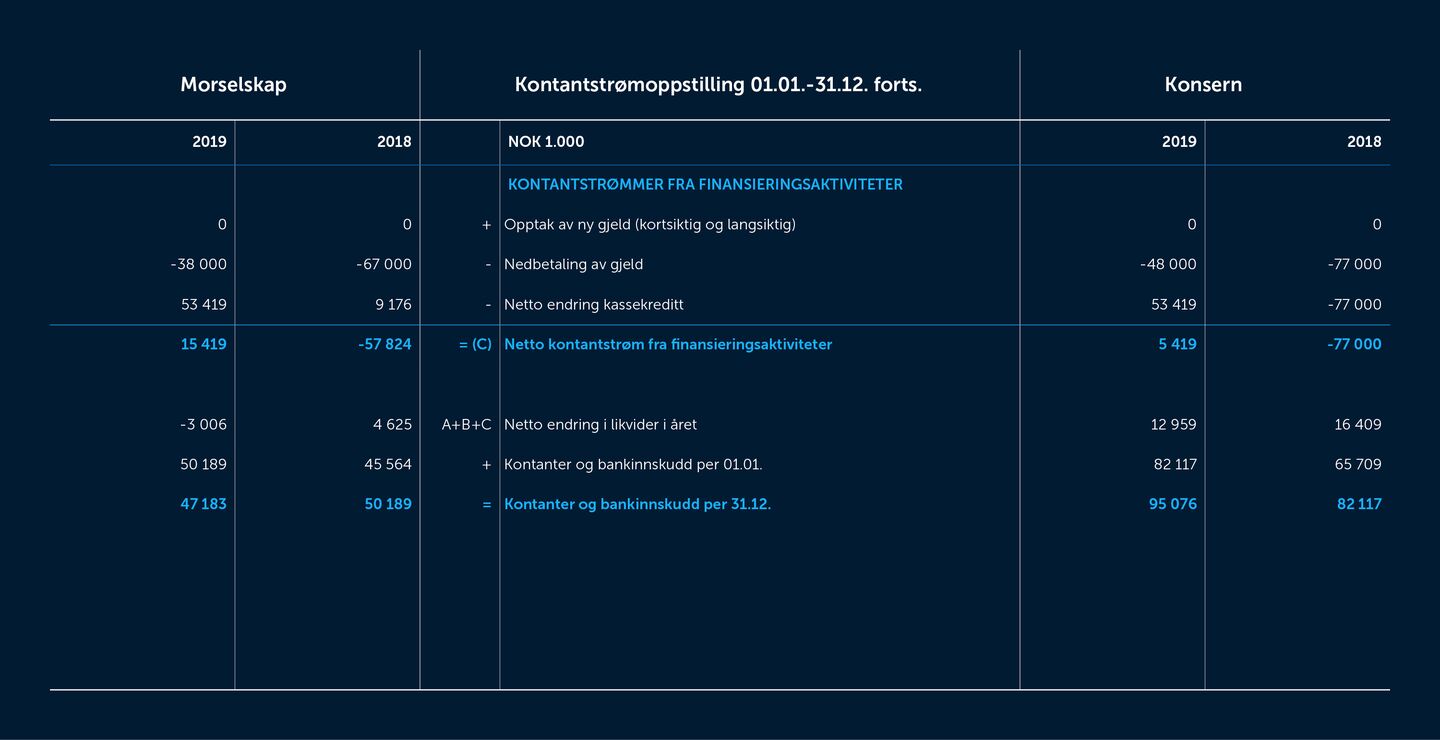 Skjermbilde fra årsrapporten 2019 over kontantstrømmen
