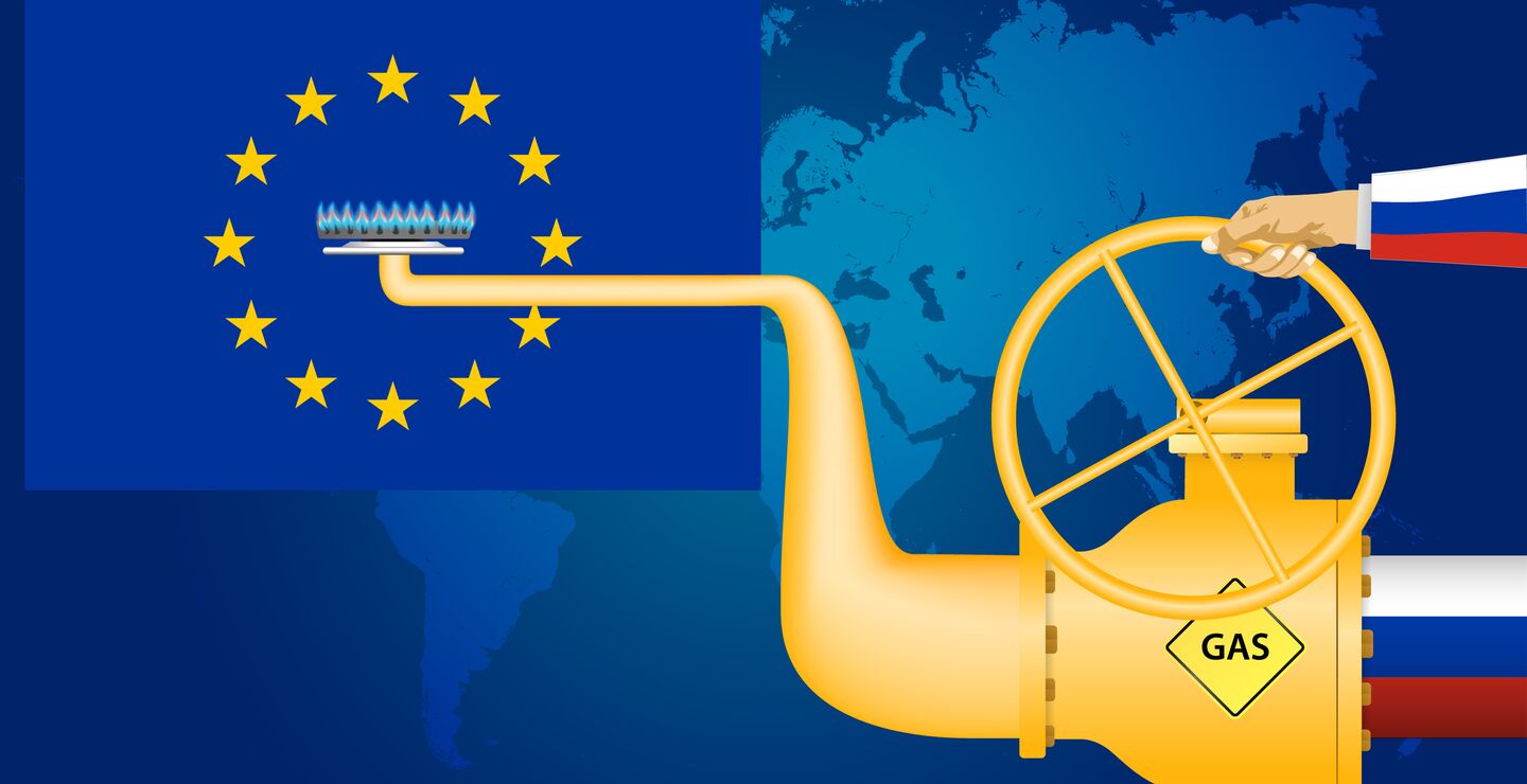 Gas pipeline with Russian and EU flags