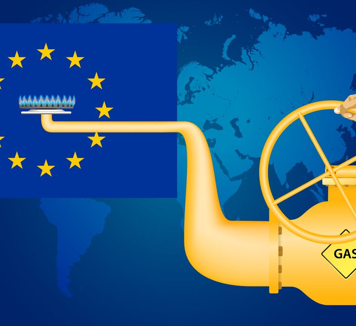 Gas pipeline with Russian and EU flags