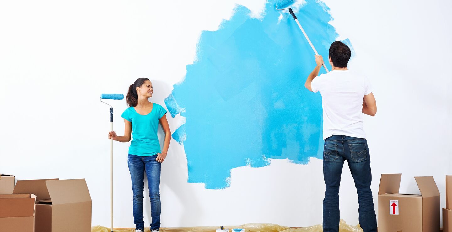 Couple,Painting,New,Home,Together,With,Blue,Color,Happy,And
