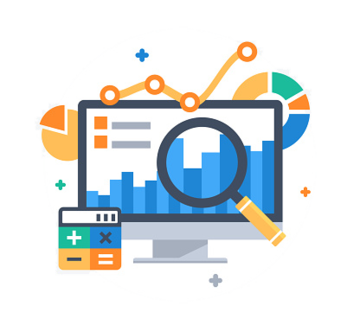 Illustrasjon av pc, analyse og kalkulator