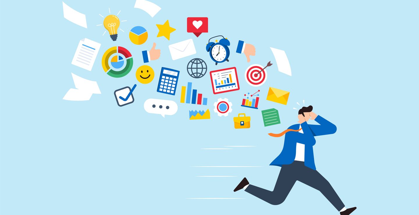 Illustrasjon av medarbeider som flykter fra varsler og digitale hjelpemidler