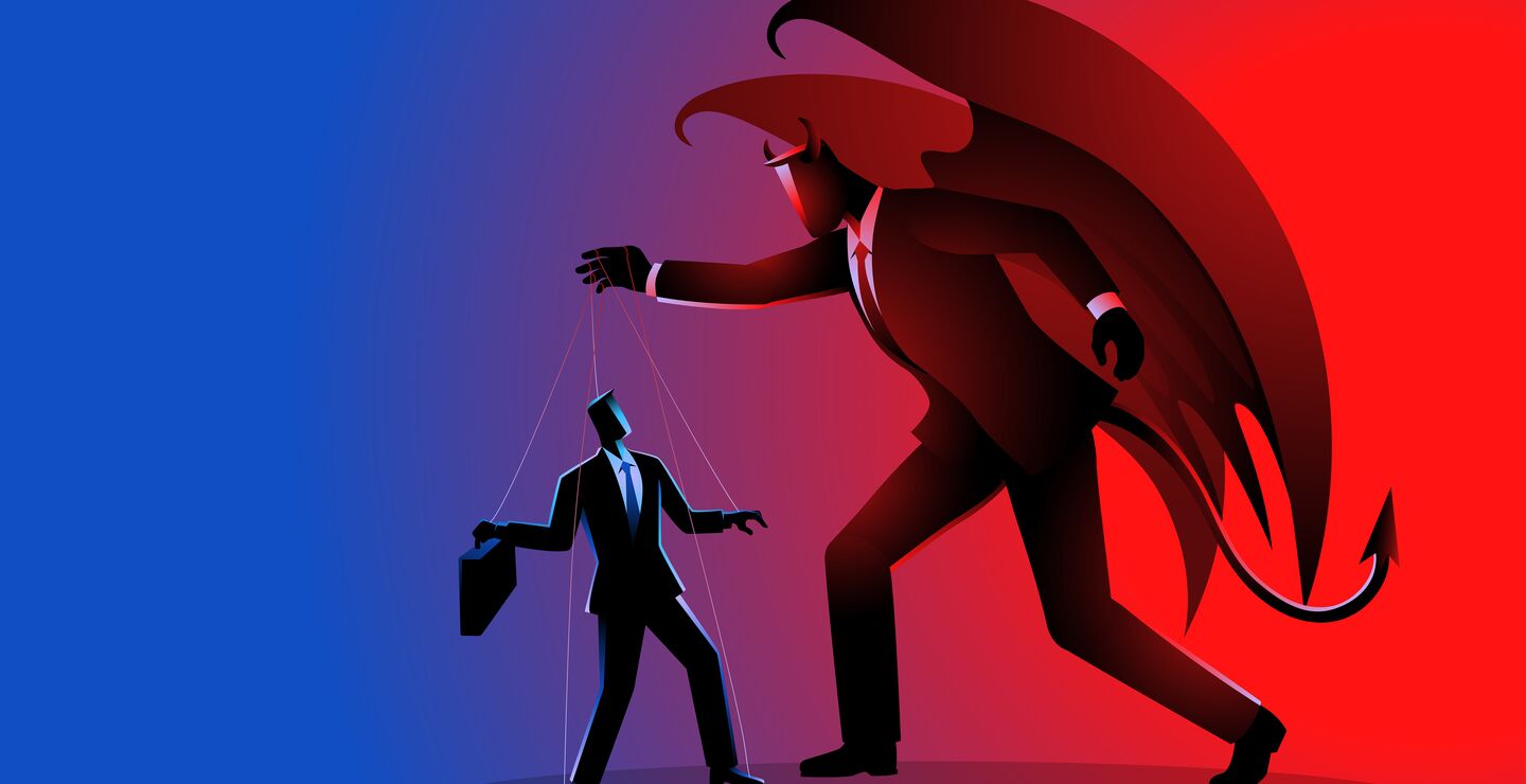 Djevel som en dukkefører kontrollerer forretningsmann.