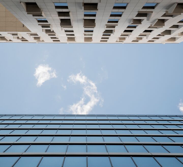 Parallel walls of two modern buildings
