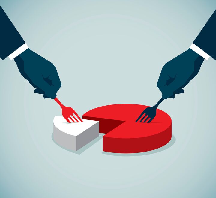 Illustration of two business people taking pie slices of different sizes