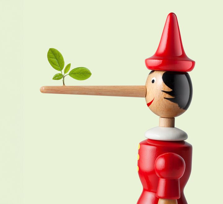 Illustration of the doll Pinnochio with a tree growing from his long nose