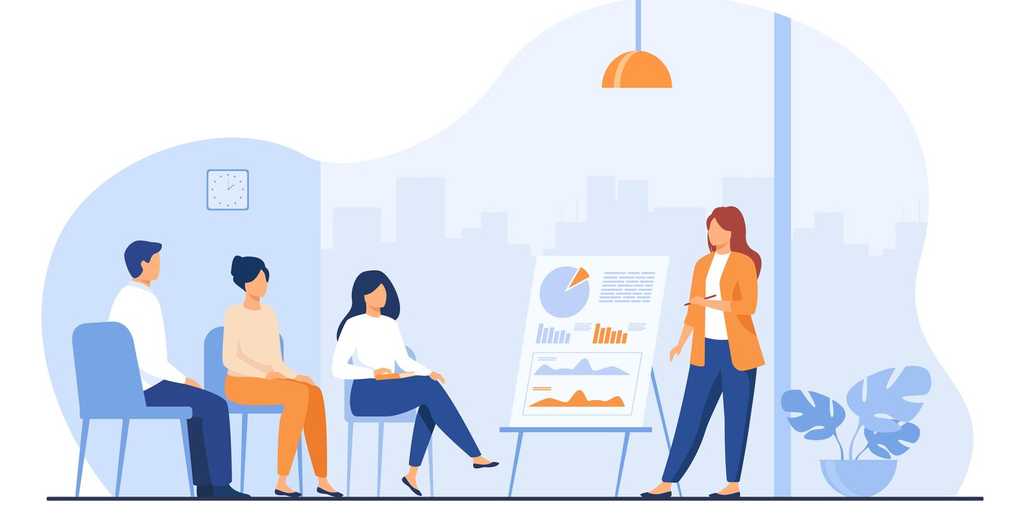 Drawing of a manager speaking to a small team